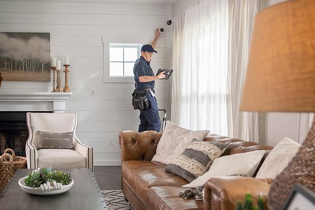 A CFAS technician installing a ceiling camera in a living room