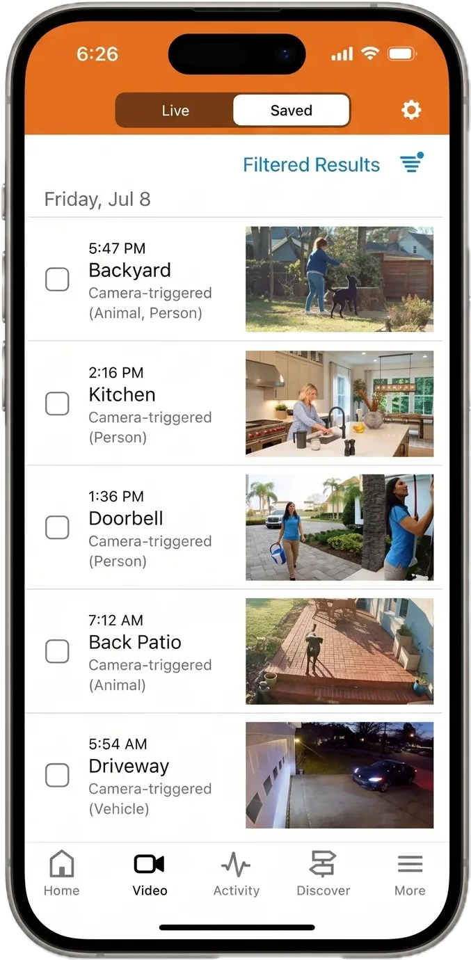 The app's saved clips, each tagged by room and what triggered it