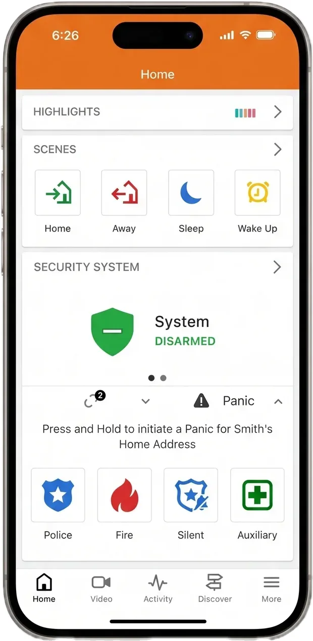 The app home screen showing Home, Away, Sleep, and Wake Up scenes