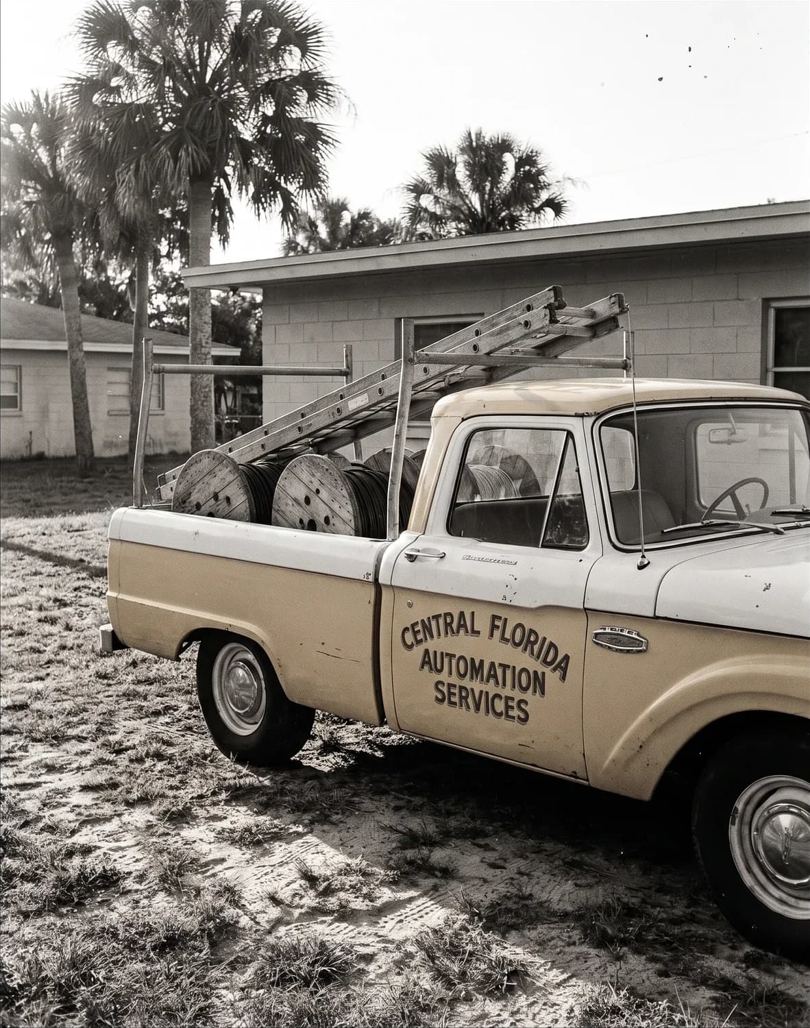 The original Central Florida Automation Services work truck, loaded with cable spools and ladders