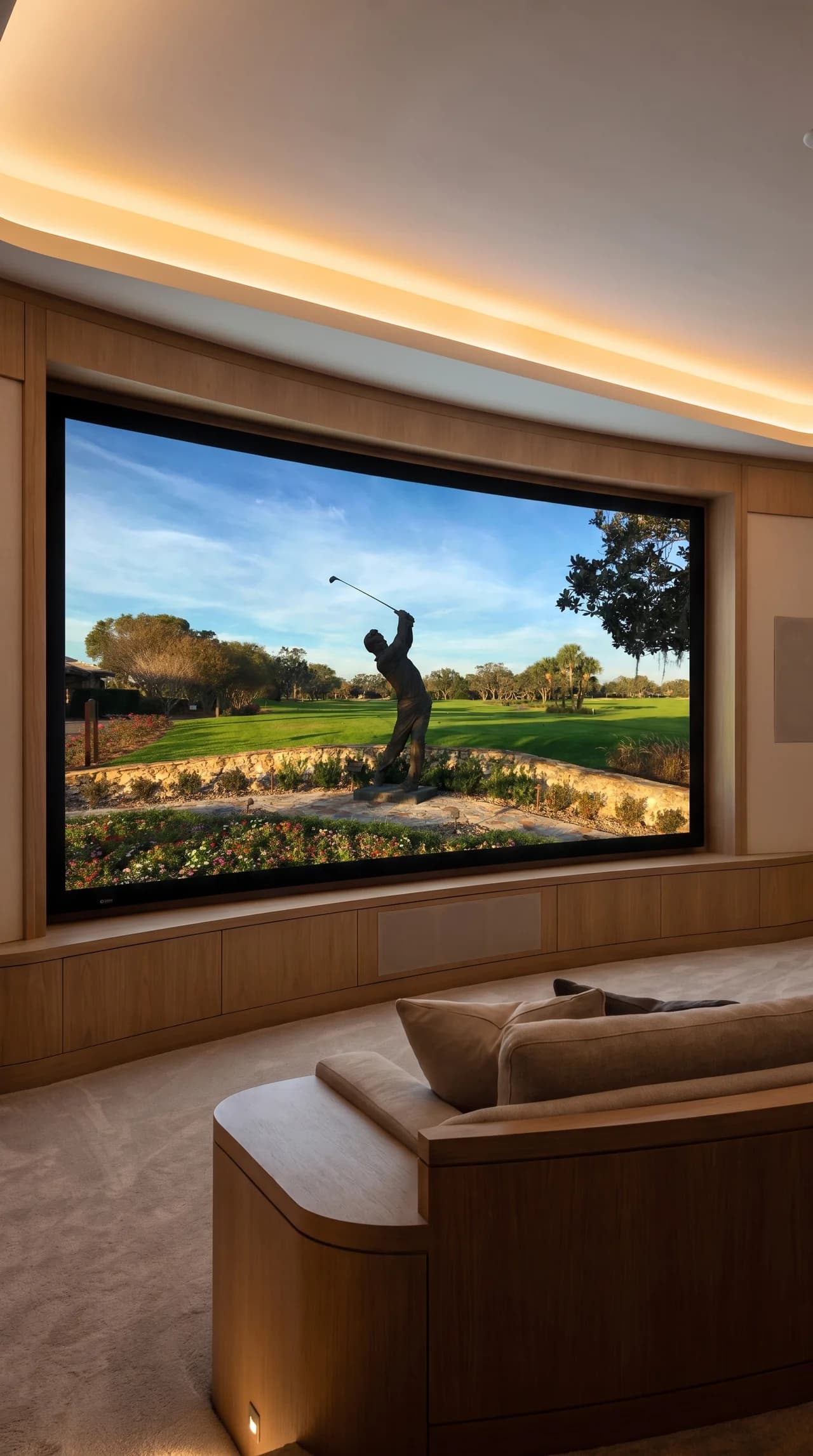 A curved home theater with a motorized screen and cove lighting