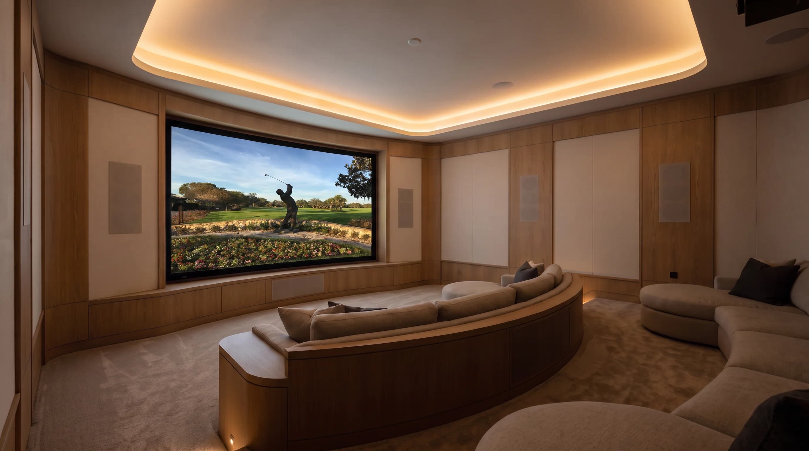 A curved home theater with a motorized screen and cove lighting