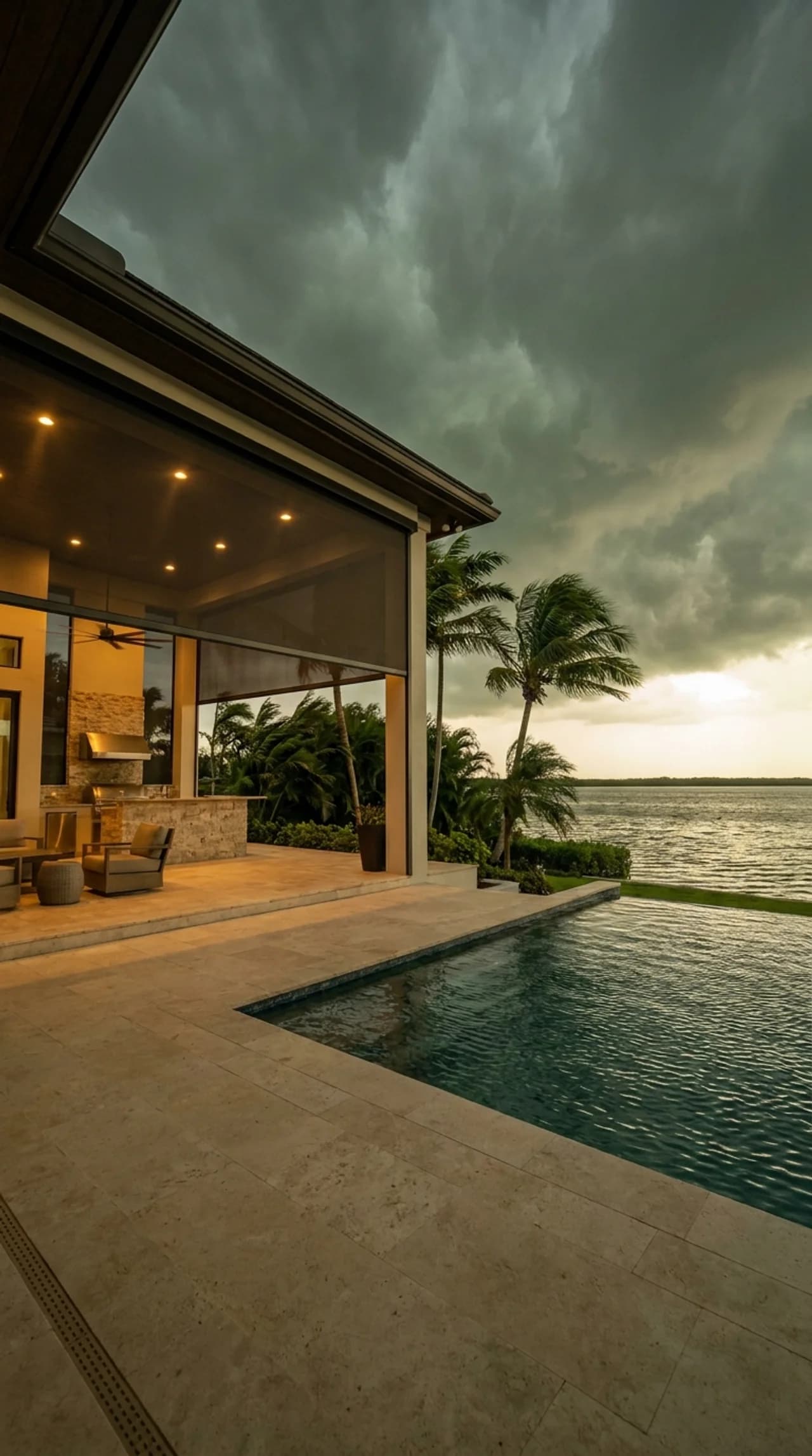 A motorized lanai screen retracting over an infinity pool as a storm moves in over the water
