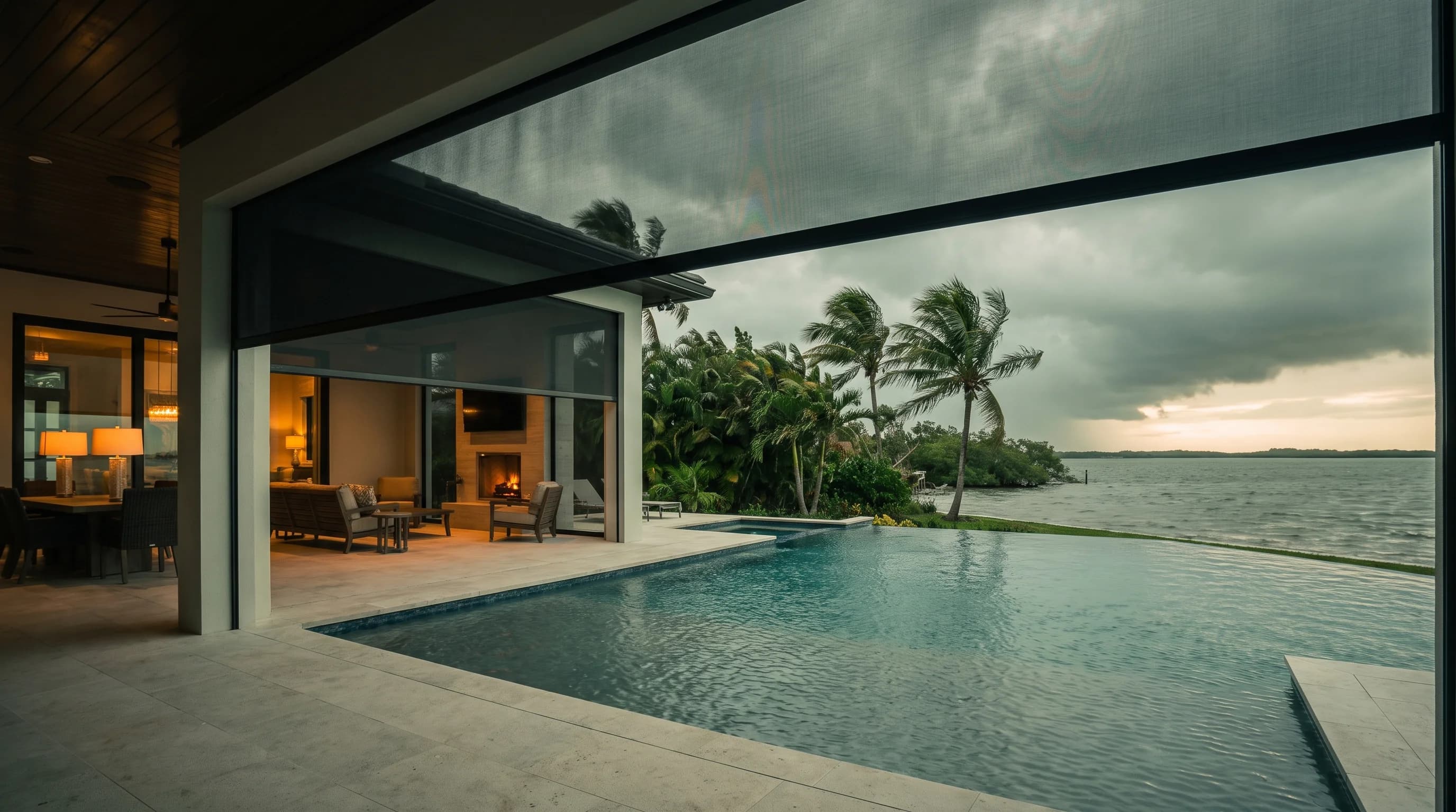 A motorized lanai screen retracting over an infinity pool as a storm moves in over the water